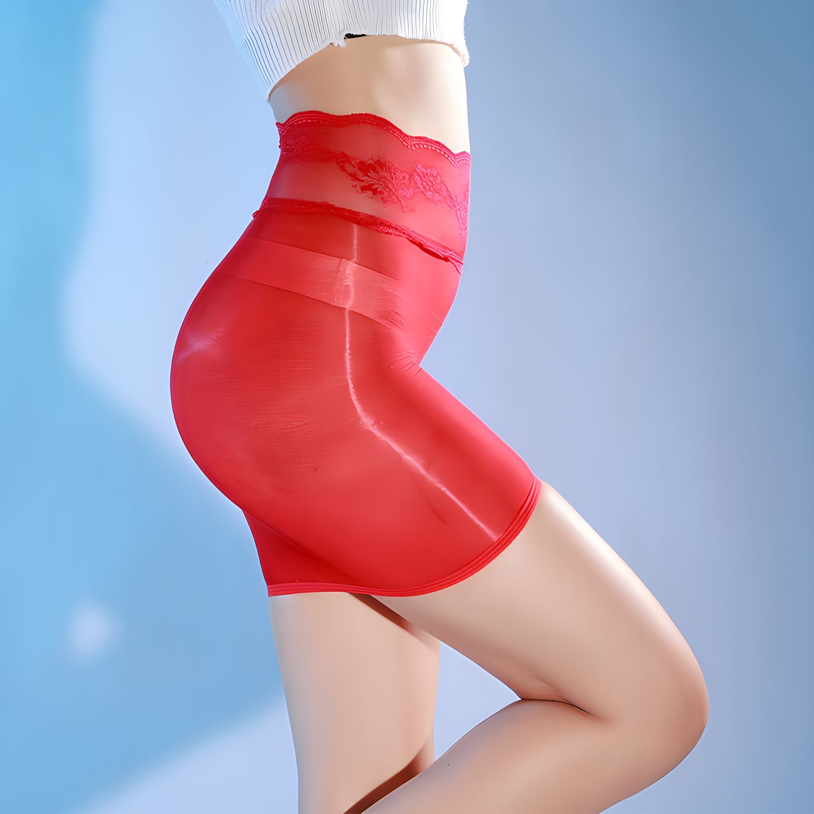 Picture of Sexy, tight, shiny hip-hugging short skirt, tempting, no removal, sexy lingerie, lace see-through, pure desire, black stockings that shape and slim legs