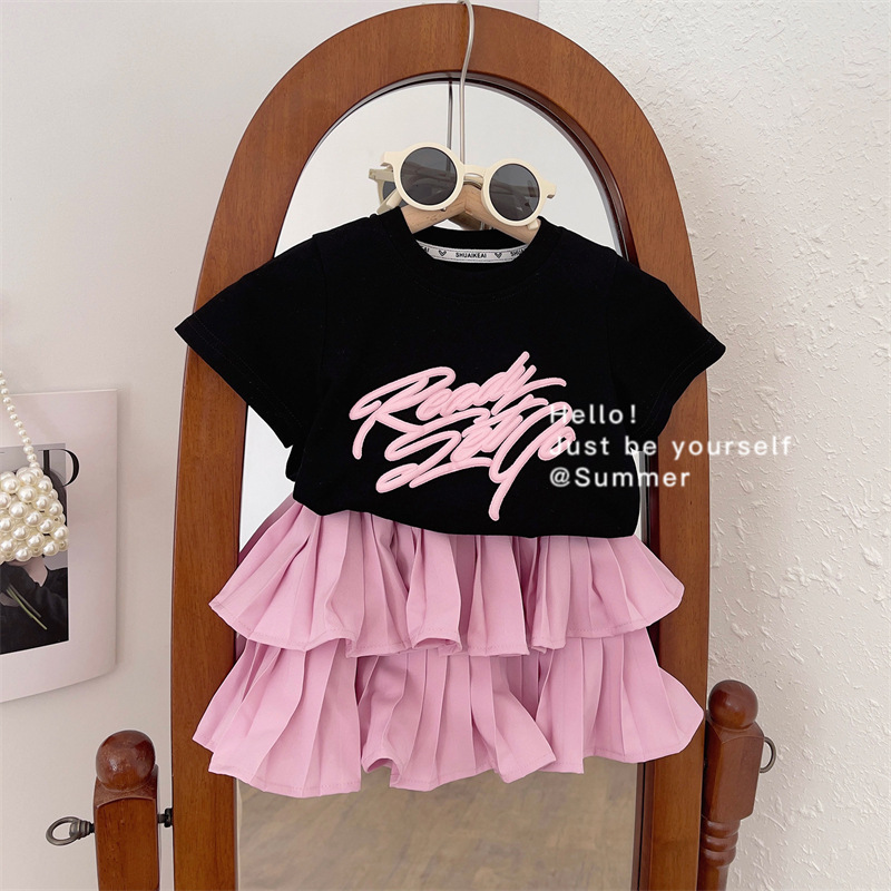 Korean Kidsren's Clothing 2025 Summer Girls Fashionable Letter Printed T-Shirt Sweet Pink Pleated Skirt Kidsren's Suit