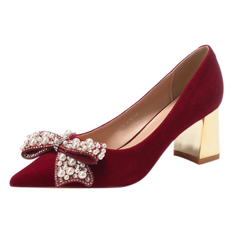 6555H-017 red wedding shoes women's high heels chunky heel single-layer shoes wedding bow classic festive not tired feet