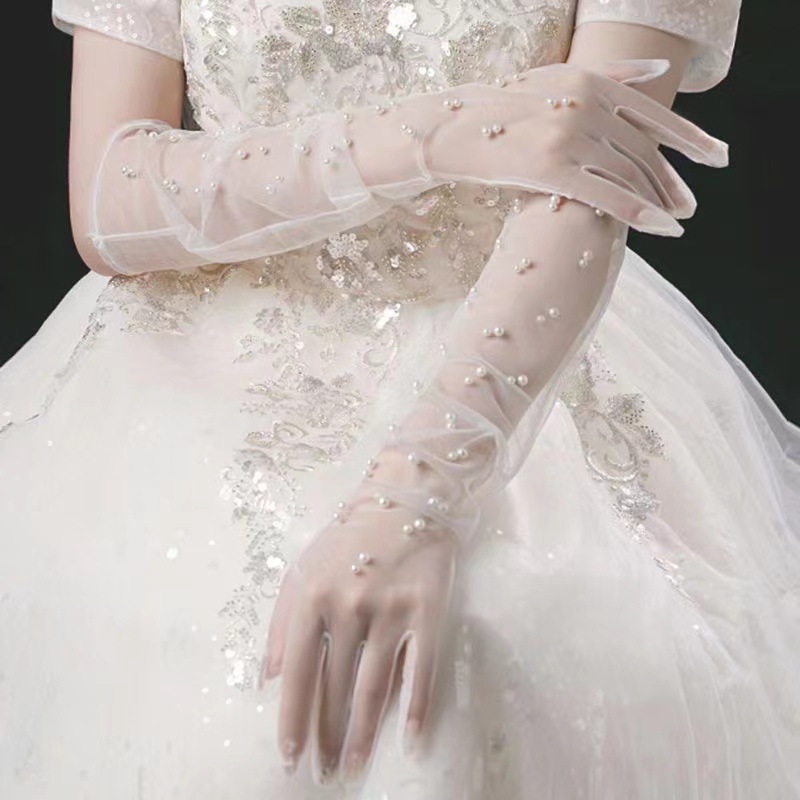 Handmade Pearl Mid-Length Full-Finger Mesh Bridal Gloves White Wedding Dress Thin Wedding Finger Gloves Accessories