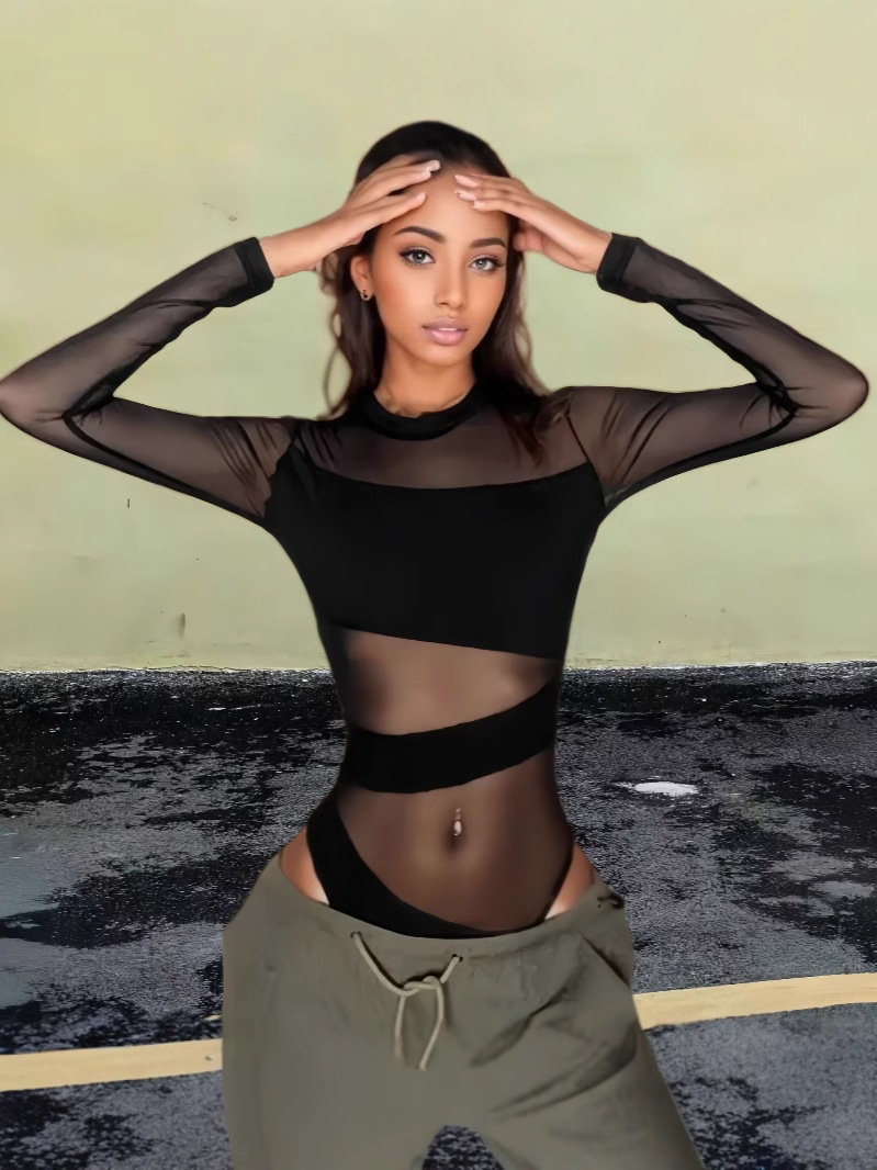 Picture of Europe and the United States black perspective hot girl schemic jumpsuit 2024 autumn new design feeling hollow slim top