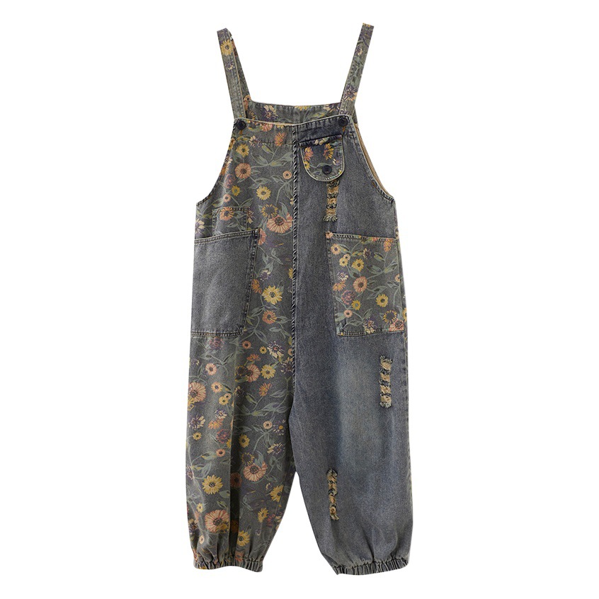 Vintage Nostalgic Print Ripped Denim Suspender Pants Women's Spring and Summer New Loose Western Style Bloomers Jumpsuit