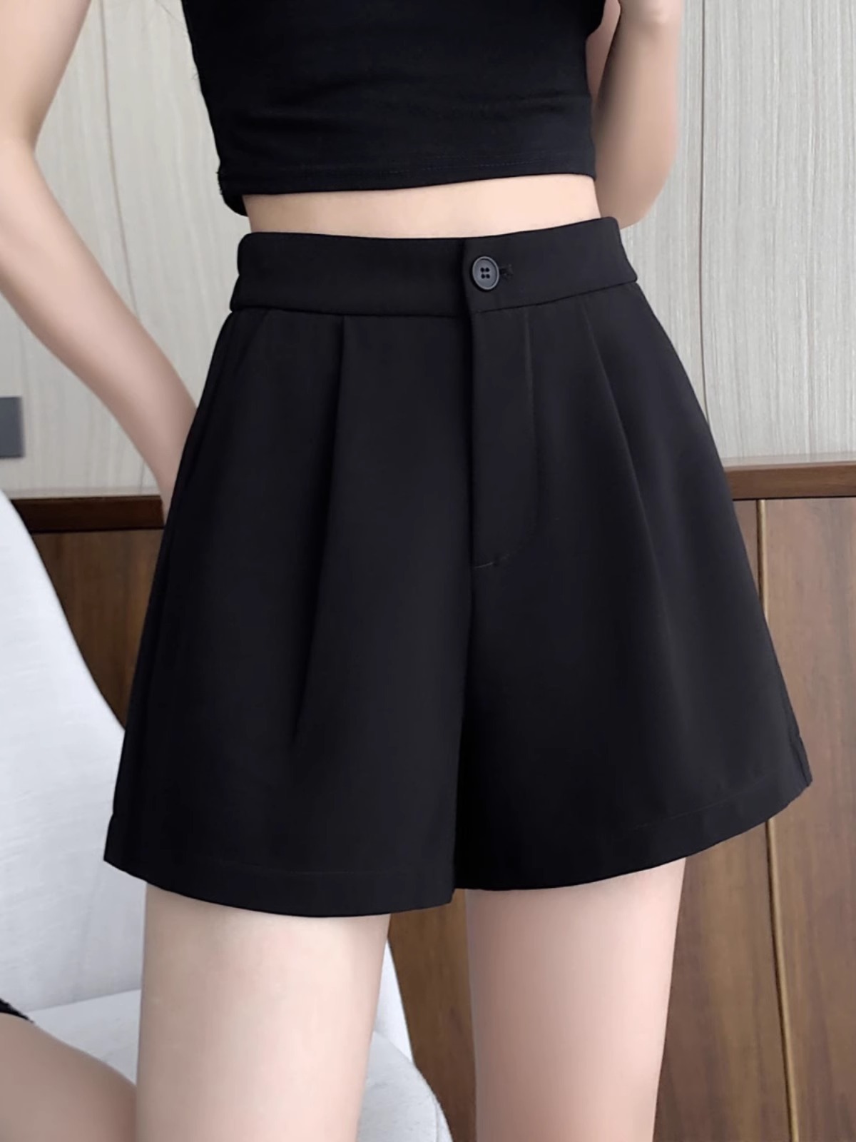 All-Match Wide-Leg Suit Shorts Autumn New Loose Slim-fit A- shaped Pants Outer Wear Small Black Casual Pants