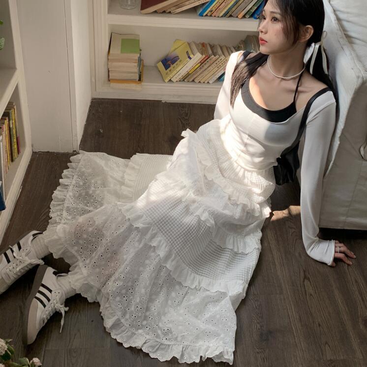 Picture of Kumikumi Gentle Style Cut Out Crochet Skirt Women's Spring High Waist A-Line Cake Skirt Long Skirt White Skirt