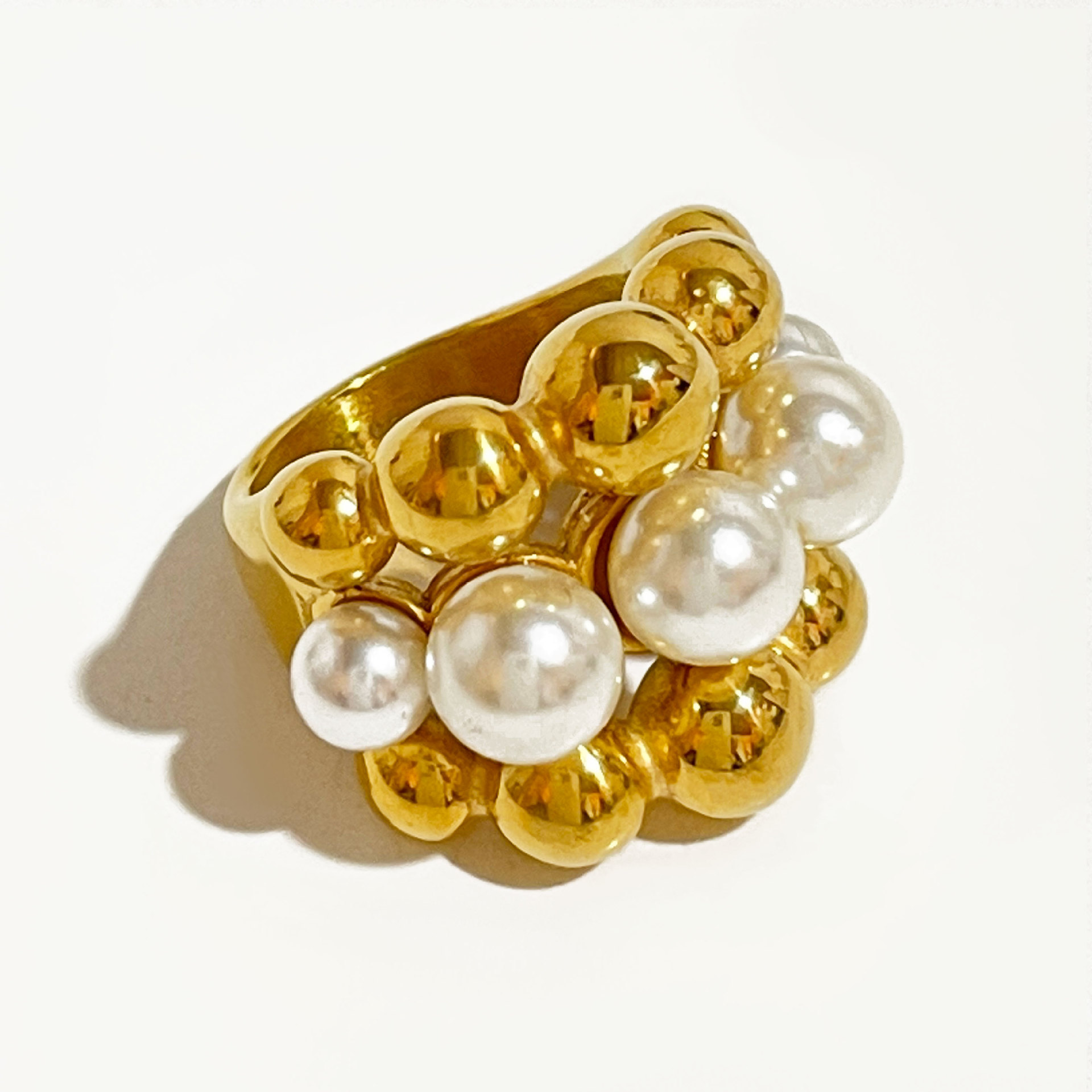 Picture of European and American style exaggerated high-level multi-layer beaded pearl stainless steel ring for women retro temperament pearl ring for women