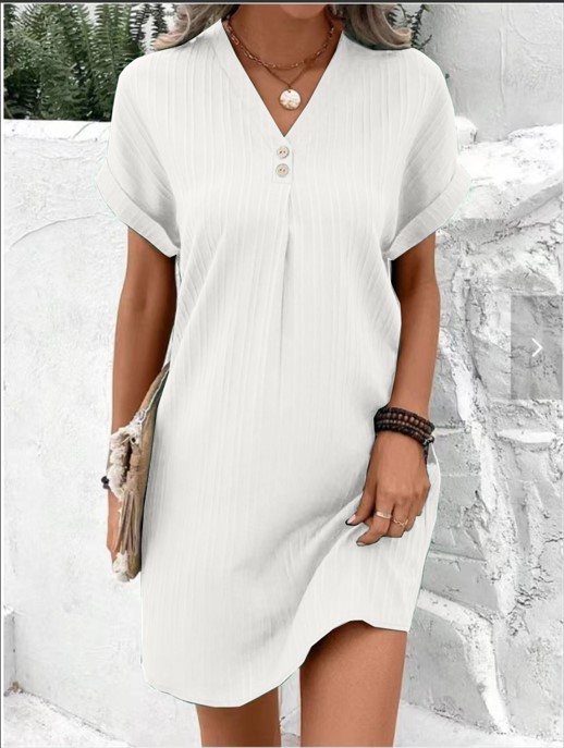 Picture of Cross-border European and American Women's 2023 New Amazon V-neck Solid Color Pullover Comfortable Casual Button Dress