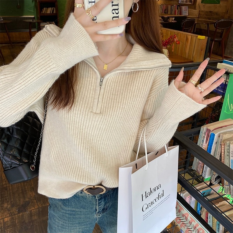 Half-Zip Sweater Autumn Women's Lazy Loose Knitted Sweater 2024 New Spring and Autumn Outer Wear Lar Design Top