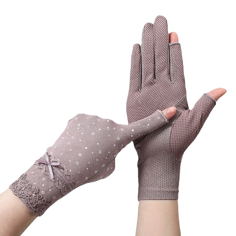 Spring, Summer and Autumn 7019 Women's Thin Lace Exposure Finger Leakage Finger Driving Ride UV Protection Sun Protection Gloves