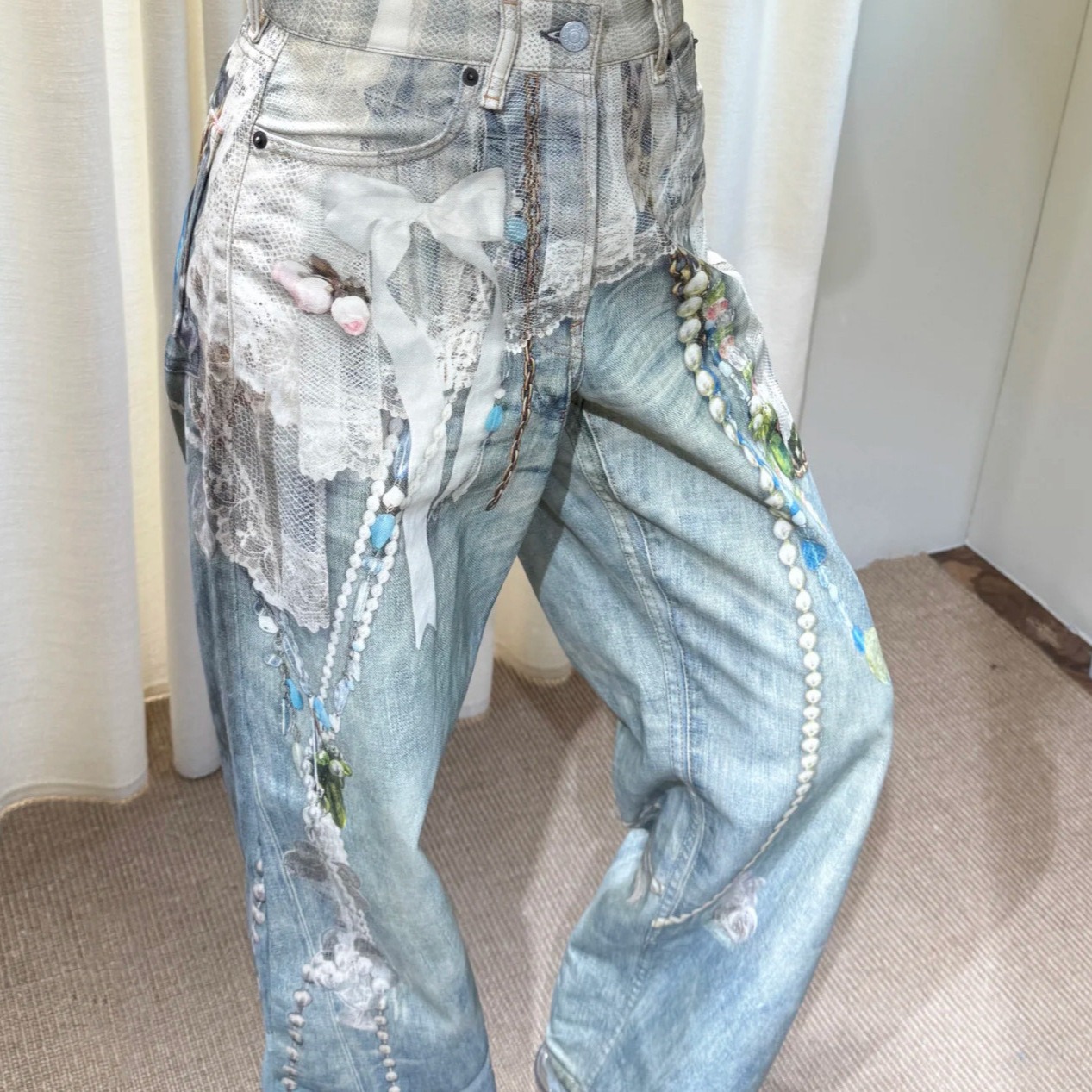 Trendy niche design sense printed chain worn jeans men's autumn street ruffian wasteland style splashed ink wide-leg pants
