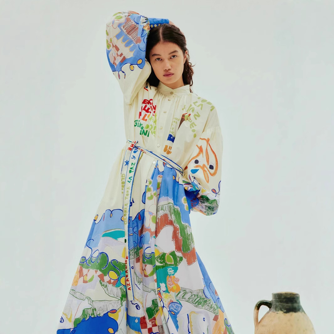 European and American Cross-border 2025 AliExpress Independent Station Single-breasted Long Lantern Sleeve Graffiti Printed Lace-up Waist dress