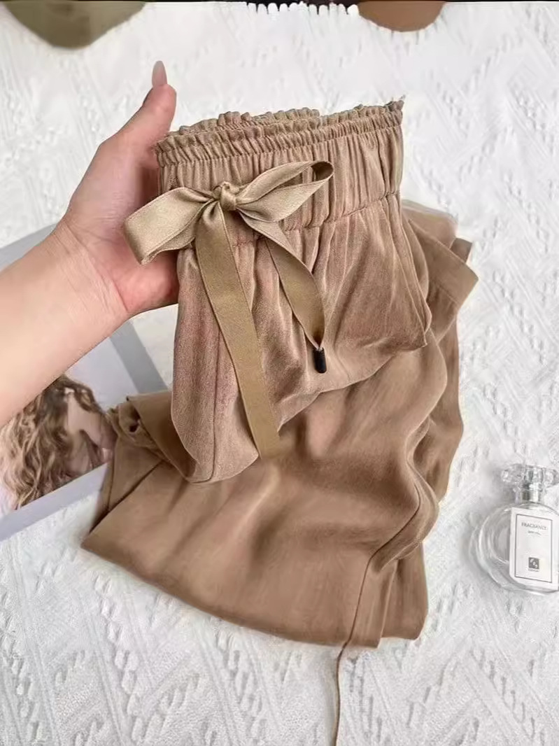 Mint Green Ice Silk Narrow Wide Leg Pants Women's Summer Thin New Loose Straight Hide Meat High Waist Anti-mosquito Pants
