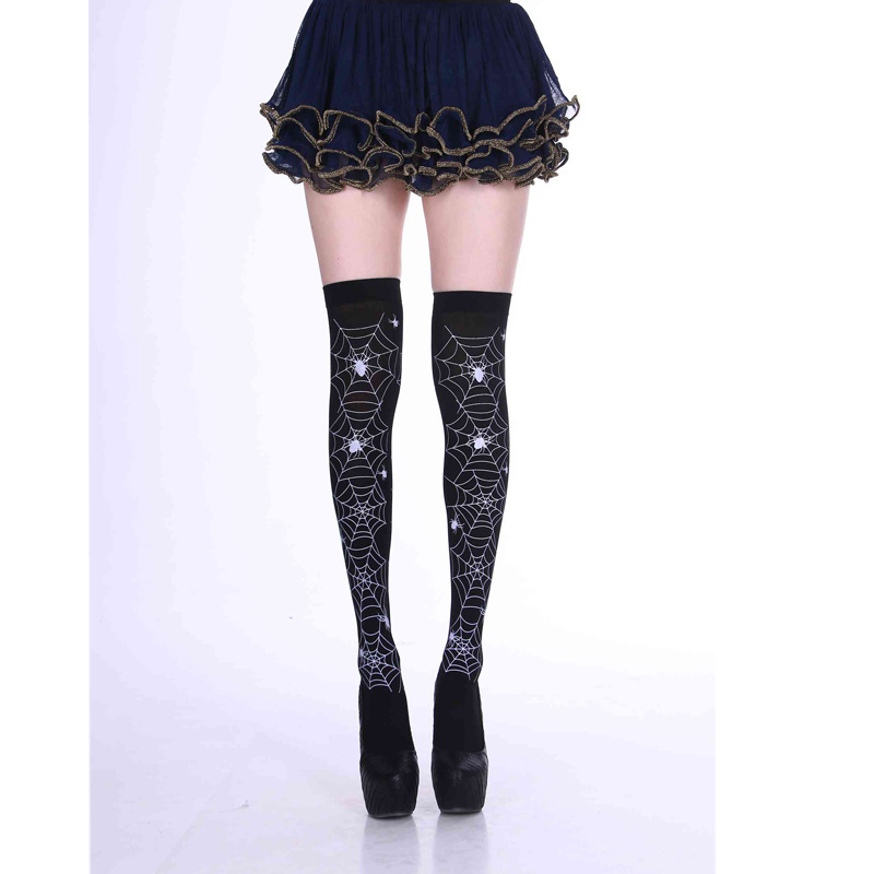 Picture of Cross Cross Cross Stockings Printing Halloween Socks Spider Web Over-the-Knee Socks Black White Lolita Stockings