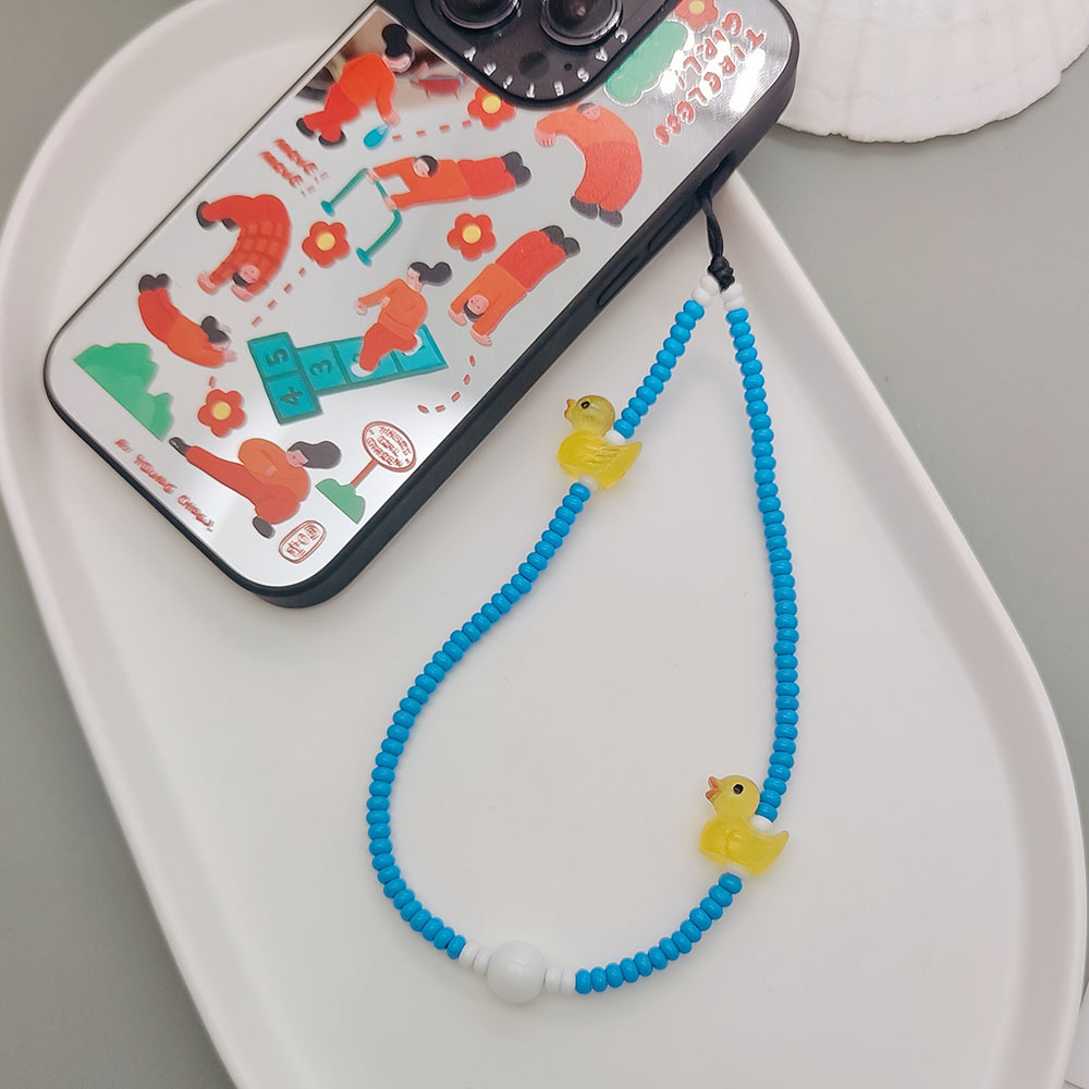 Picture of KKBEAD Color Beaded Bubble Bath Cute Duck Mobile Phone Rope Hanging Accessories All-match Glass Rice Beads Mobile Phone Chain Women