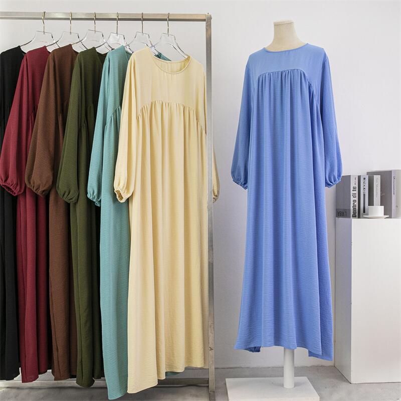 Cross-border Foreign Trade Muslim Loose plus size Long-sleeved Solid Color Pullover Robe Skirt Over-the-knee Long Skirt dress