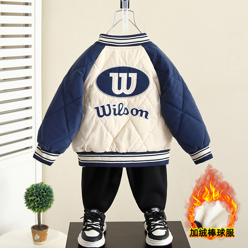 Picture of 4295 Children's Velvet Tops Boys Autumn and Winter 2025 New Baby Baseball Uniform Top Winter Thickened Cotton Clothes