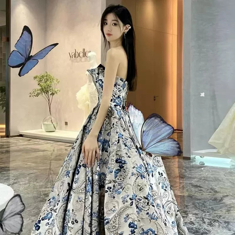Strapless Evening Dress Dress Women's High-end Light Luxury Niche High-end Sexy Blue Annual Meeting Host Bride Toast Dress
