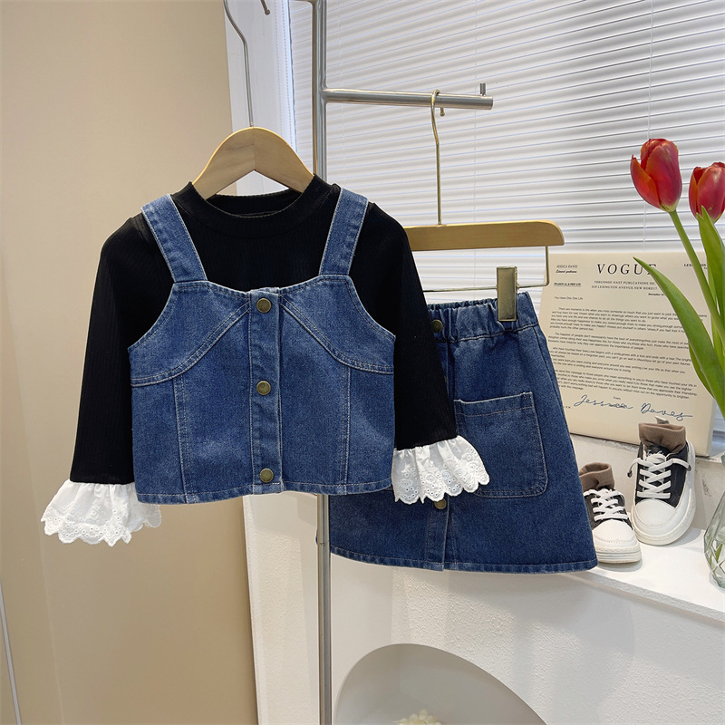 Girls Denim Three-Piece Set Spring and Autum 2025 New Korean Style Baby Girl Fashionable Short Skirt Kidsren's Fashionable Suit Trendy
