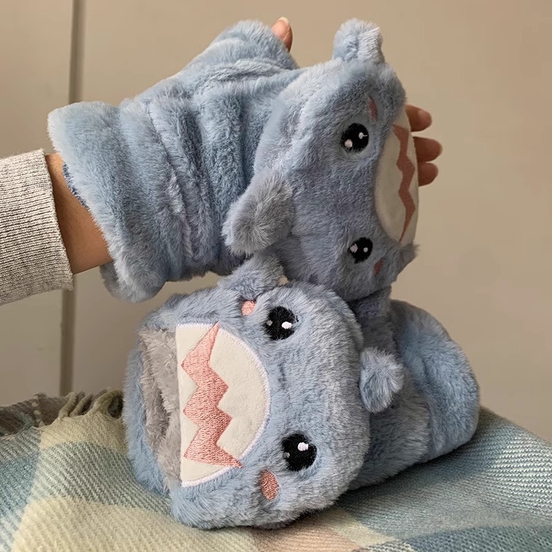 Gloves Winter Women's Ins Cute Shark Half-Finger Plush Thickened Flip-on Student's Finger Cold-proof Men's Warm fleece-lined