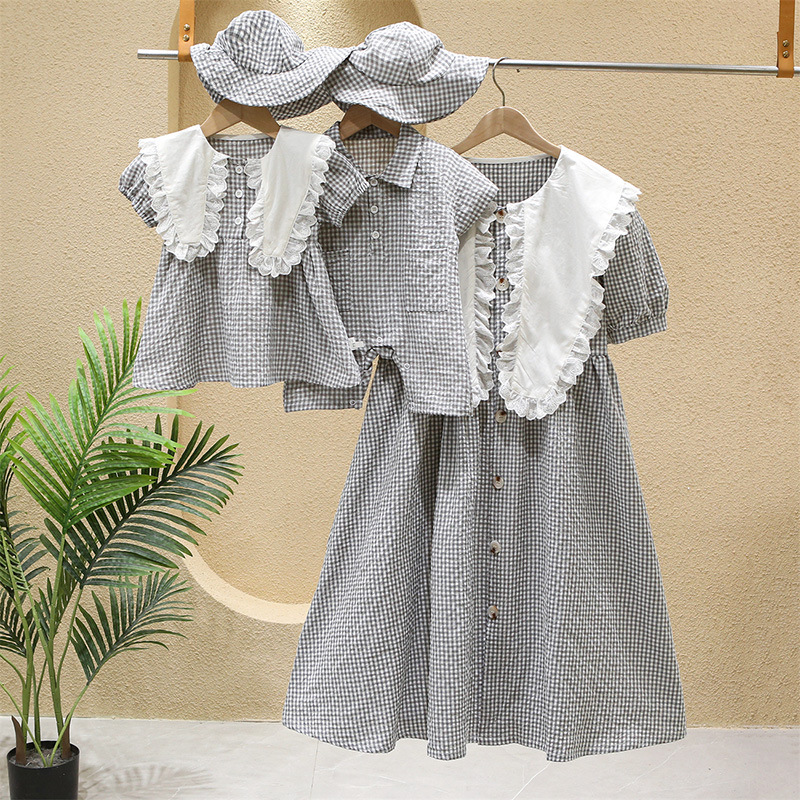 Korean Plaid Doll Collar Summer Parin-Child Wear Men's Treasure Shirt Dress Baby Newborn Hundred Days Mother-Child Sister-Brother Wear