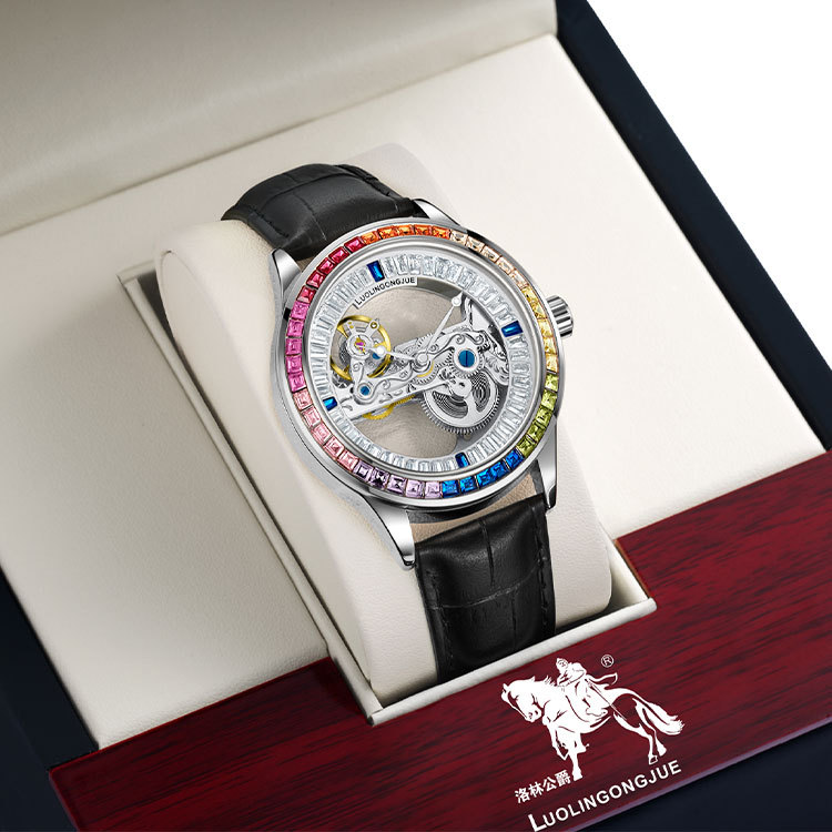 Single-bridge hollow-out automatic mechanical watch Rainbow Diamond men's business waterproof fashionable mechanical men's watch one-piece delivery