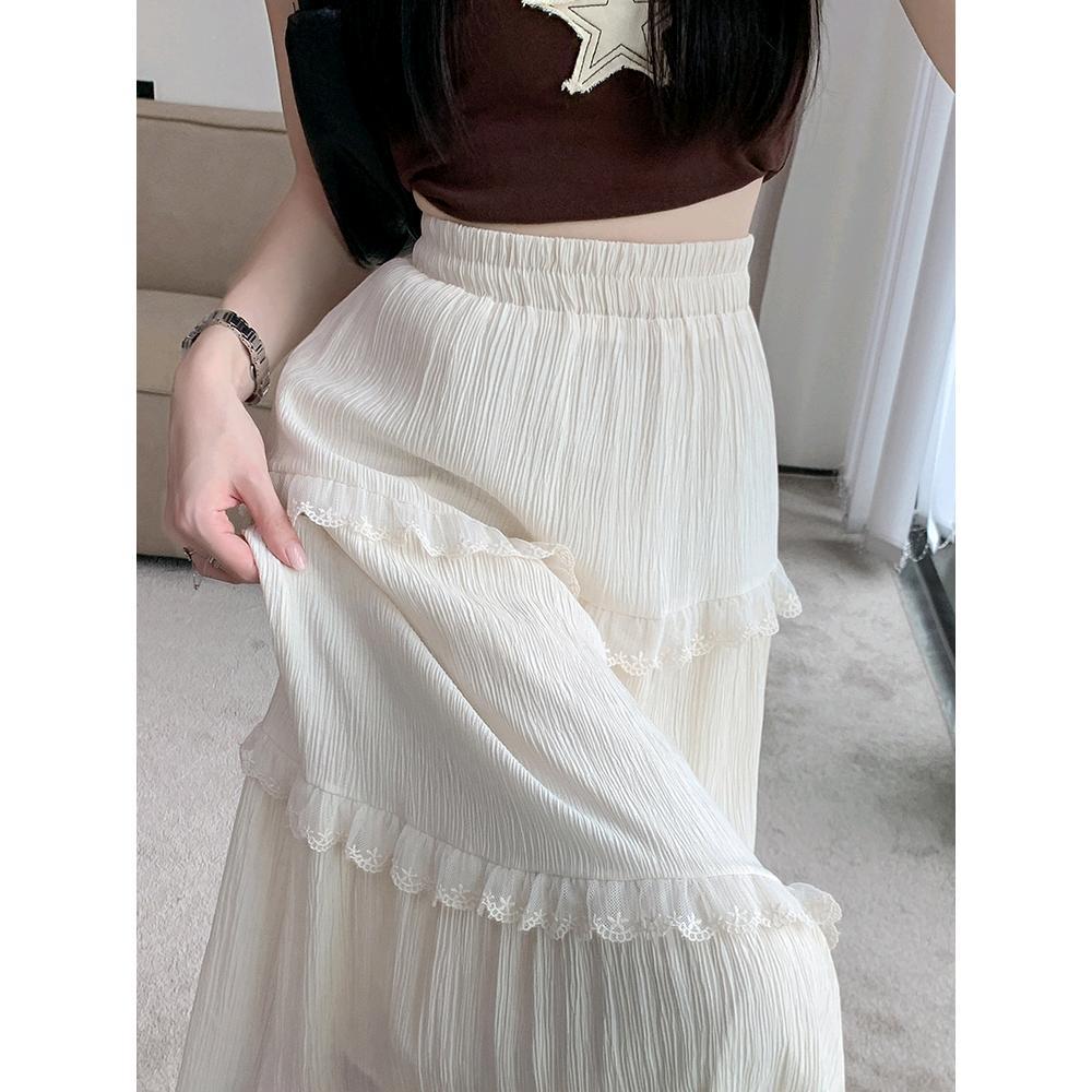 Super Fairy Lace Stitching Cake Skirt Women's Summer Gentle Dipped High Waist Mid-Length Skirt Korean-Style Slimming A- Line Skirt