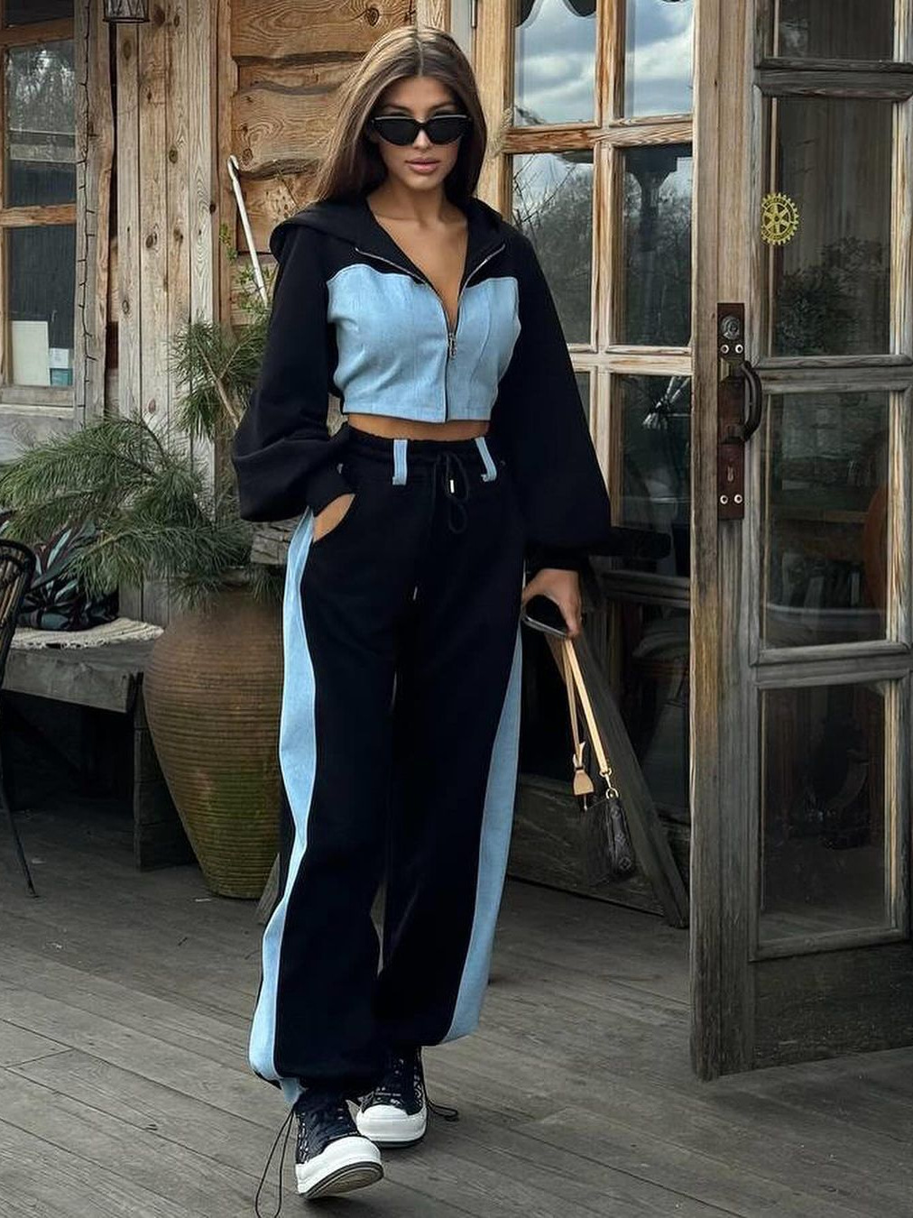 D9727 Hot European and American Women's Casual Fashion Sweat Denim Stitching Hooded Top Trousers Two-piece Set