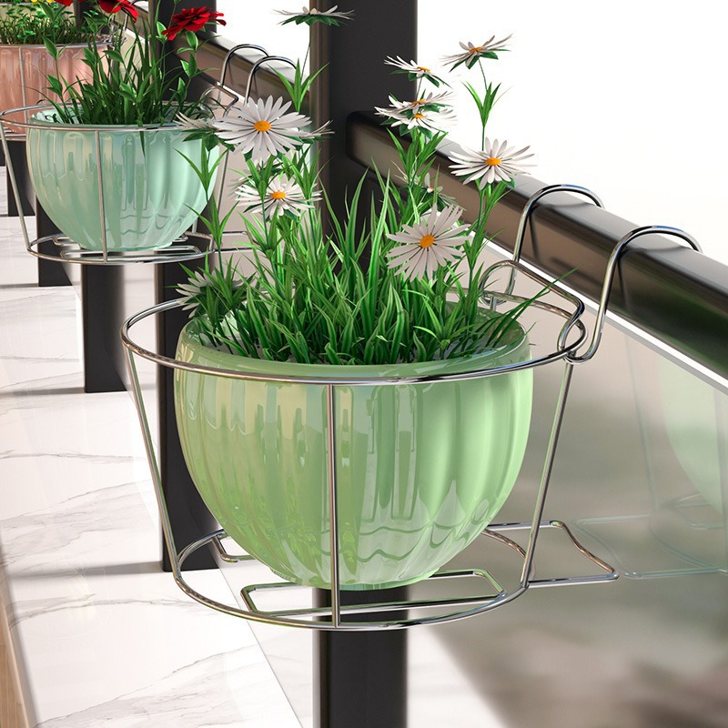 Stainless Flower Pot Rack Balcony Railing Hanger Round Flower Pot Rack Wall Hanging Flower Basket Stainless Steel Flower Rack Flower Pot Hanger None