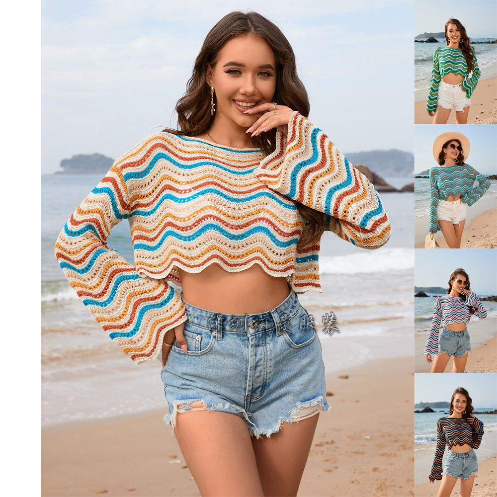 2024 spring and summer cross-border Amazon new European and American stitching loose cross-color Foreign trade round neck striped women's sweater