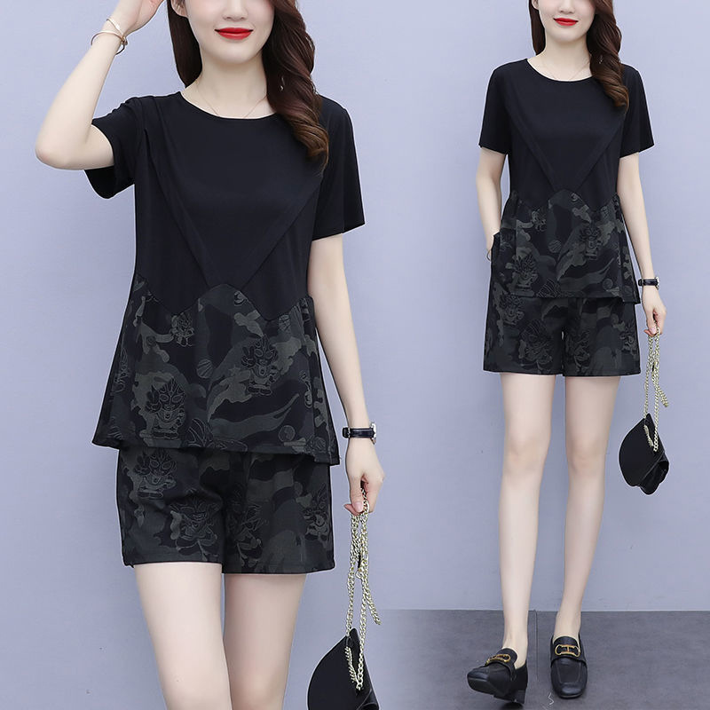 200 Jin Fat mm Large Size Casual Suit Women's Summer New Loose Short-sleeved Shorts Belly Covering Two-piece Set for Hair