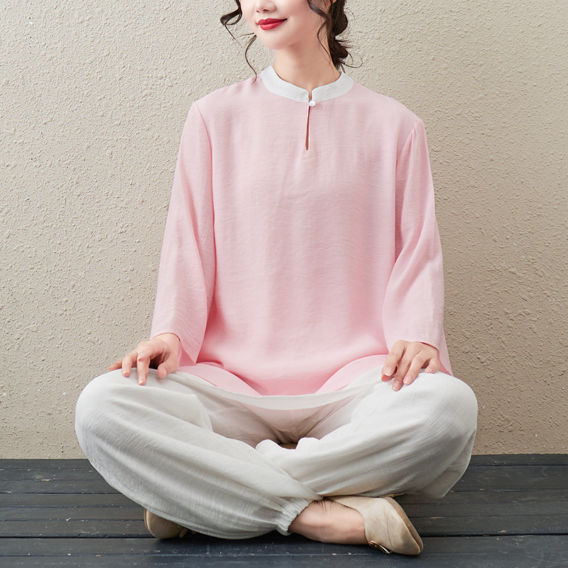 Picture of 2023 Summer New Cotton and Linen Zen Tea Suit Nine-point Sleeve Top Stretch Waist Trousers Yoga Suit Two-piece Suit for Women