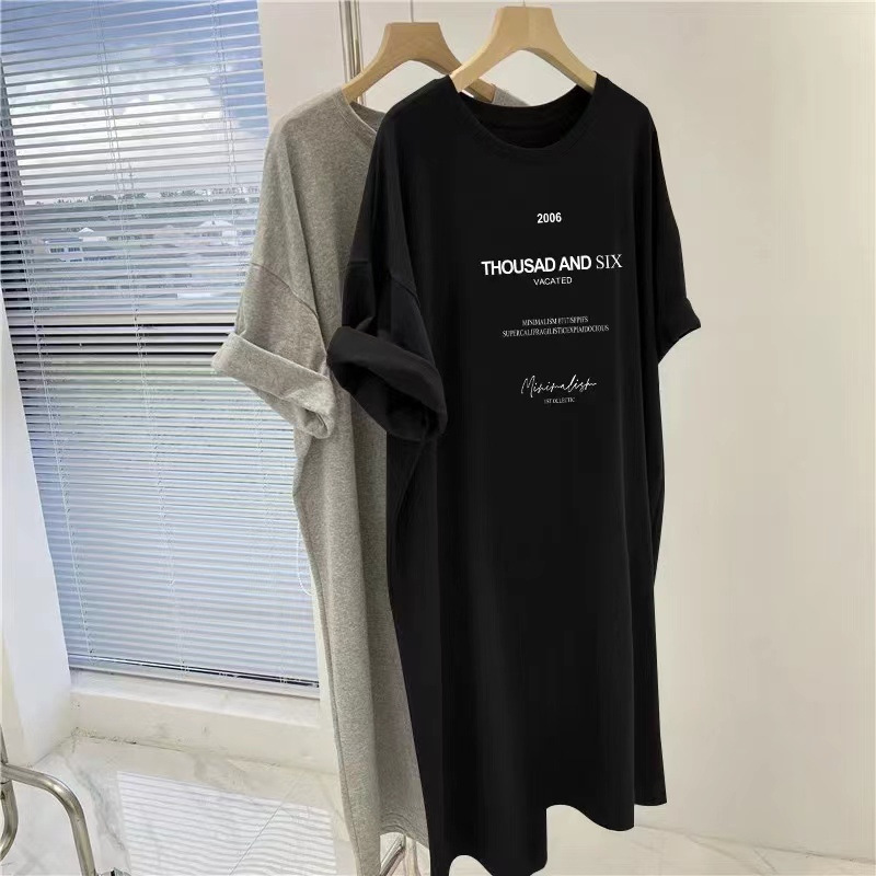 Picture of Korean Short-Sleeved Dress Women's Summer Fat mm Large Size Slim Mid-Length T-Shirt Dress over the Knee Casual Long Skirt