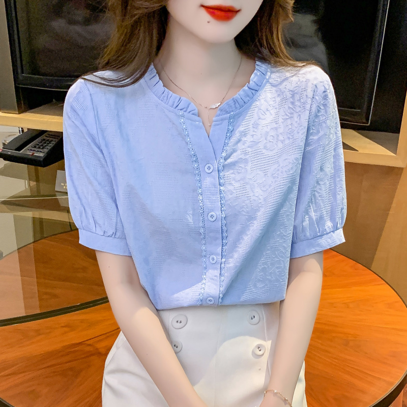 Summer 2024 New style wooden ear collar cotton shirt Women's Western style cotton jacquard embroidered thin top women's short sleeve