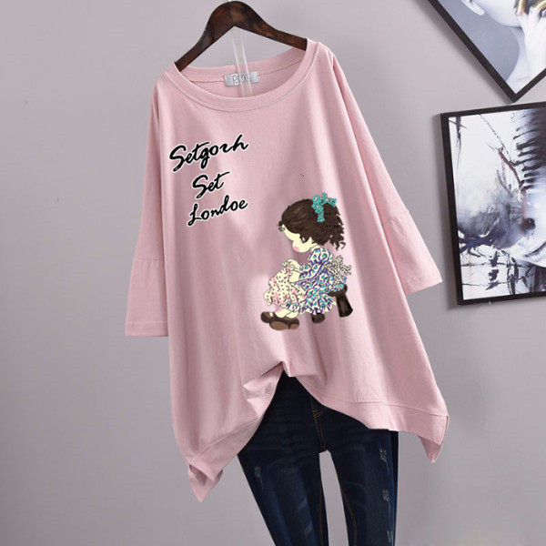 Picture of 100kg Plus Size Women's Summer Leaf Print Casual Slit Mid-Length Short Sleeve T-Shirt Loose Oversized Style