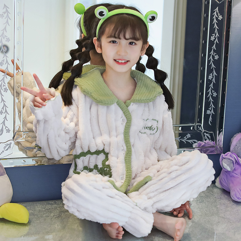 Picture of Children's Pajamas Flannel Autumn and Winter Girls' Coral Fleece Thickened Warm Style Middle and Large Children's Girls' Home Clothes suit