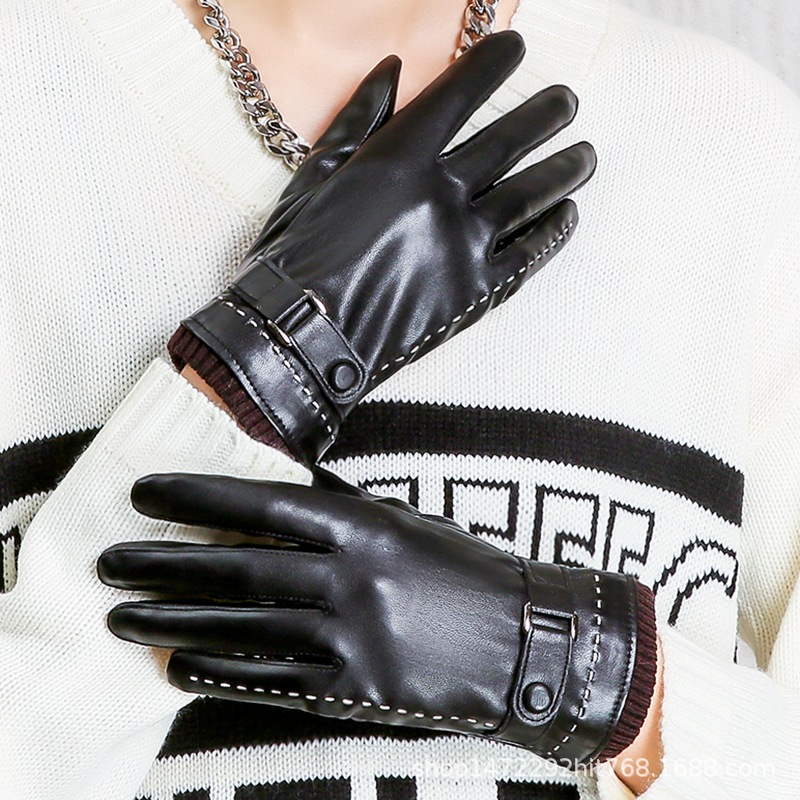 Leather Gloves Women's Winter Hand Back White Line Belt Button Fashionable Korean Style Fashionable Windproof Cold-proof Warm fleece-lined Touch Screen Cycling
