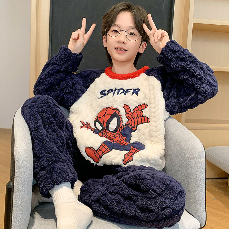Picture of Children's Pajamas Men's Flannel Winter fleece-lined Thickened Coral Fleece Boys' Cartoon Astronaut Big Children's Home Clothes Set