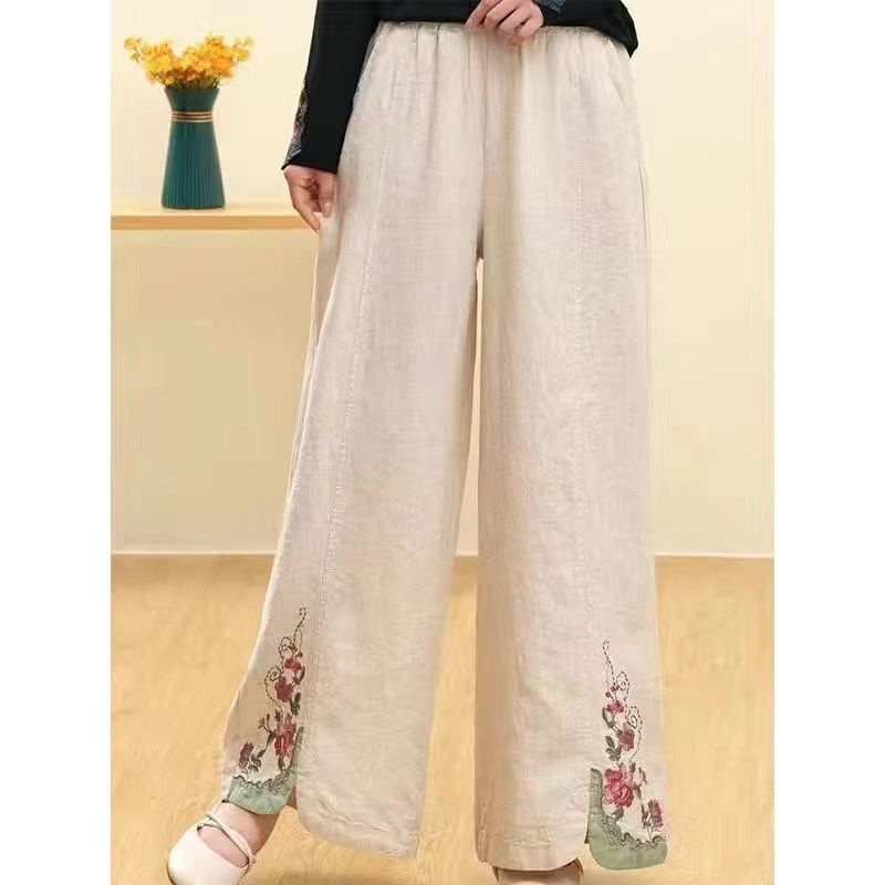 New Chinese Style Mother's Clothing for Middle-Aged and Elderly Retro Embroidered Flower Cotton Elastic Waist Wide-Leg Pants Straight Casual Pants for Women