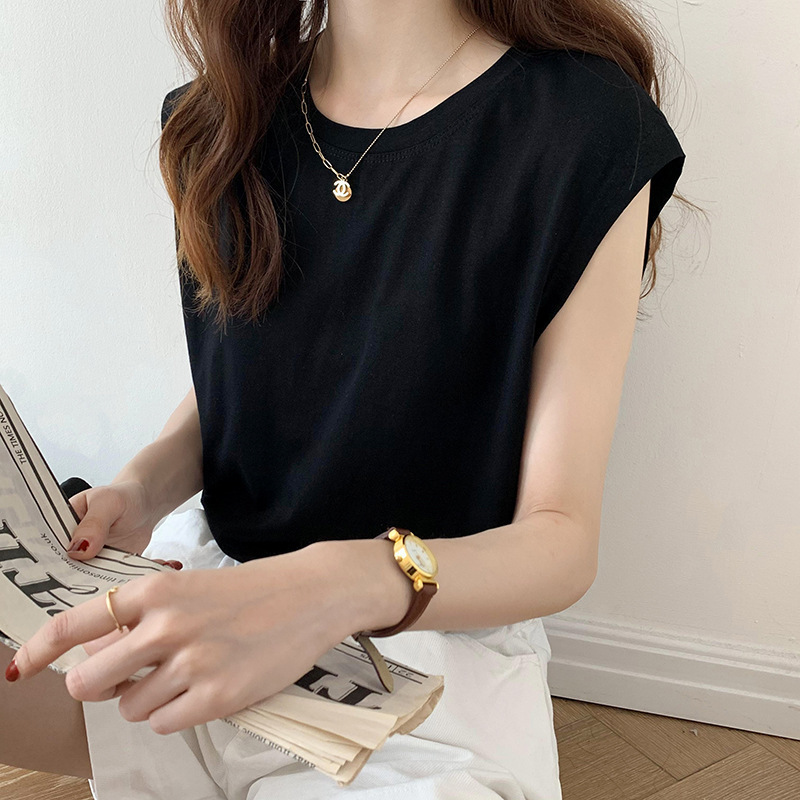Picture of White Sleeveless T-Shirt for Women Loose 2025 Summer New Fashion Black Vest T-Shirt Student Top Outer Wear Ins
