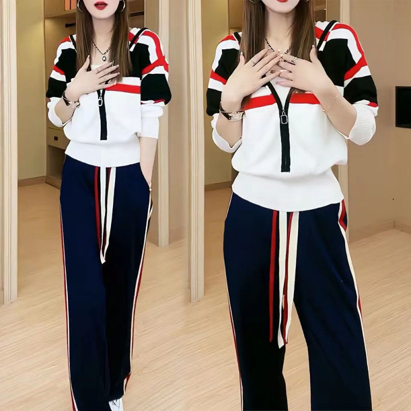 Casual Sports Suit for Women 2025 New Autum Fashion Contrasting Color Zipper Hooded Top Wide Leg Pants Two-Piece Set
