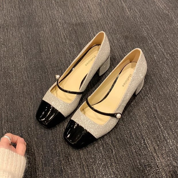 Grape Mom's Same Style Glittering Piece Banquet Small Fragrant Square Toe with Thick Heel Mary Jane Shoes for Women in Autumn and Winter