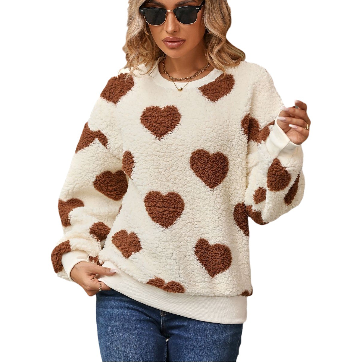 Flash velvet 2023 cross-border women's clothing European and American autumn and winter new plush love printing loose long sleeve round neck pullover sweater