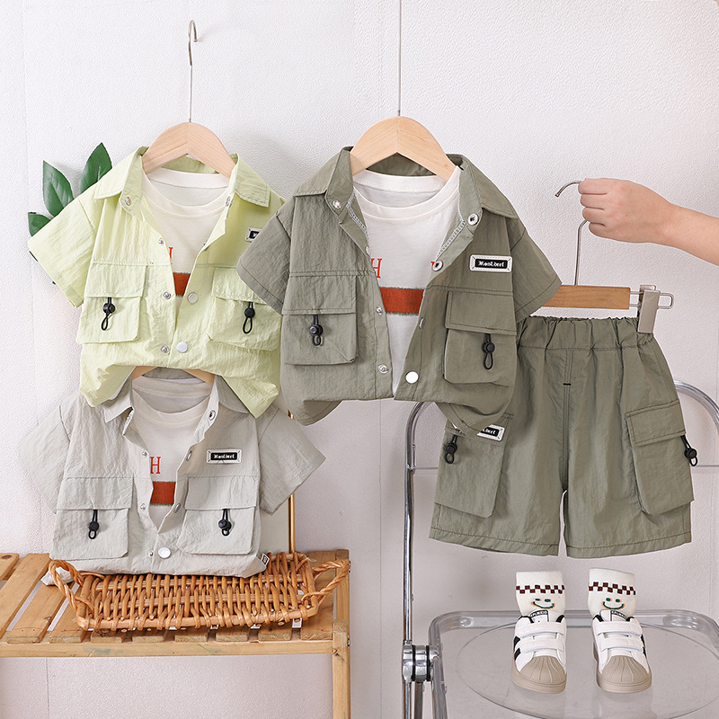 Male baby foreign style summer clothing suit 2025 new baby tooling short sleeve three-piece baby children's clothing foreign trade wholesale