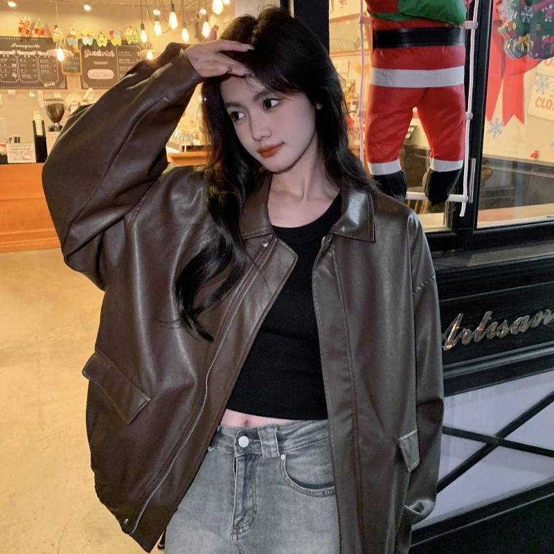 American Style Retro Chanel Style Coat Spring and Autumn Wear Women's Trendy Cool Hot Girl Biker Suit Loose Western Style Leather Jacket