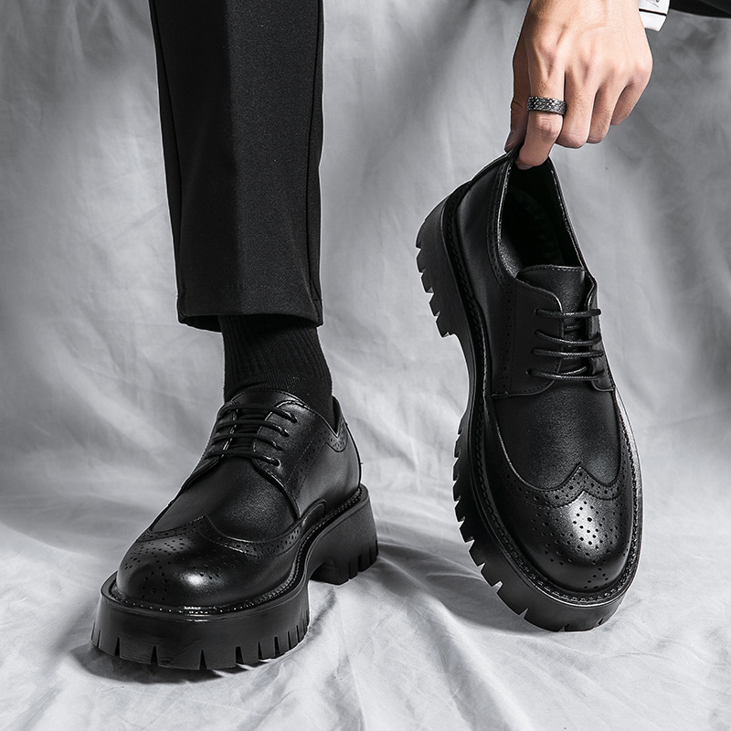 Autumn and Winter New Big Head Brock Leather Shoes Teenager Low-top Outdoor Lace-up Casual Shoes Thick-soled Fashionable Men's Shoes