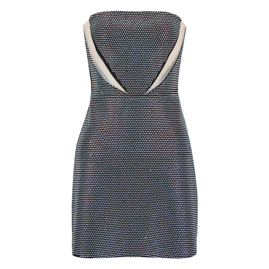 European and American cross-border foreign trade AliExpress 2023 sexy tube top backless mesh stitching rhinestone bandage dress dress