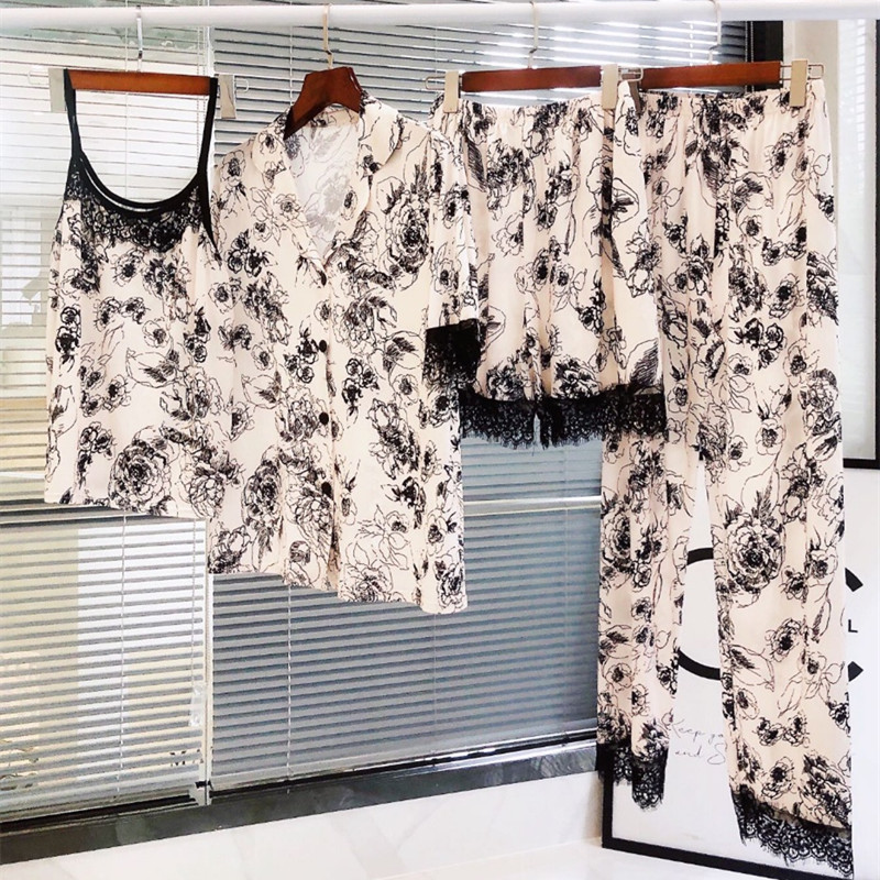 Summer Guofeng Ink Rose Flower Ice Silk Pajamas Four-piece Home Clothes Women's Loose Comfortable Short-sleeved Shorts Set