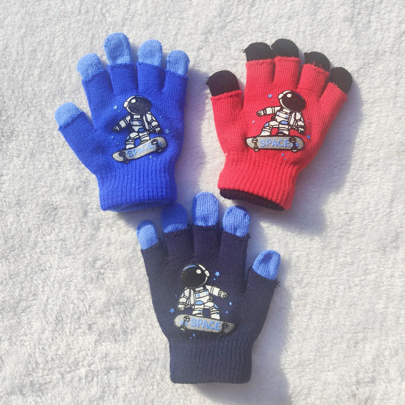 Children's gloves for boys and girls double-layer three-use autumn and winter warm Student five-finger children knitted astronaut gloves wholesale