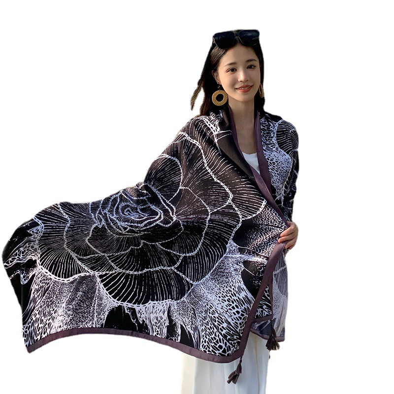 Picture of New black big flower fashion travel photo big shawl summer holiday sunscreen beach towel outside silk scarf