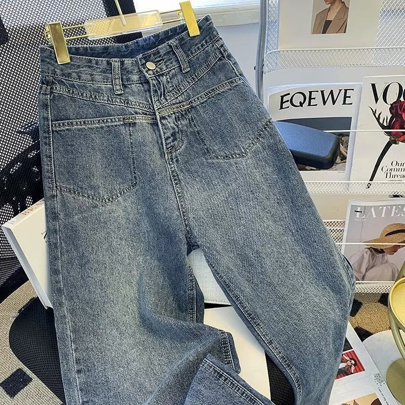 American Style Washed Straight-Leg Jeans Women's Design Sense Autumn New Fat Sister mm Niche High Waist Slimming Mop Pants