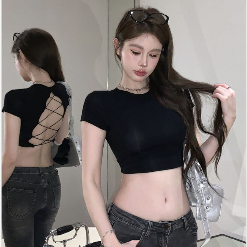 American Style Hollow Backless Short-Sleeved Shirt 2025 Summer Retro Sweet and Spicy Strappy Slim Short Top